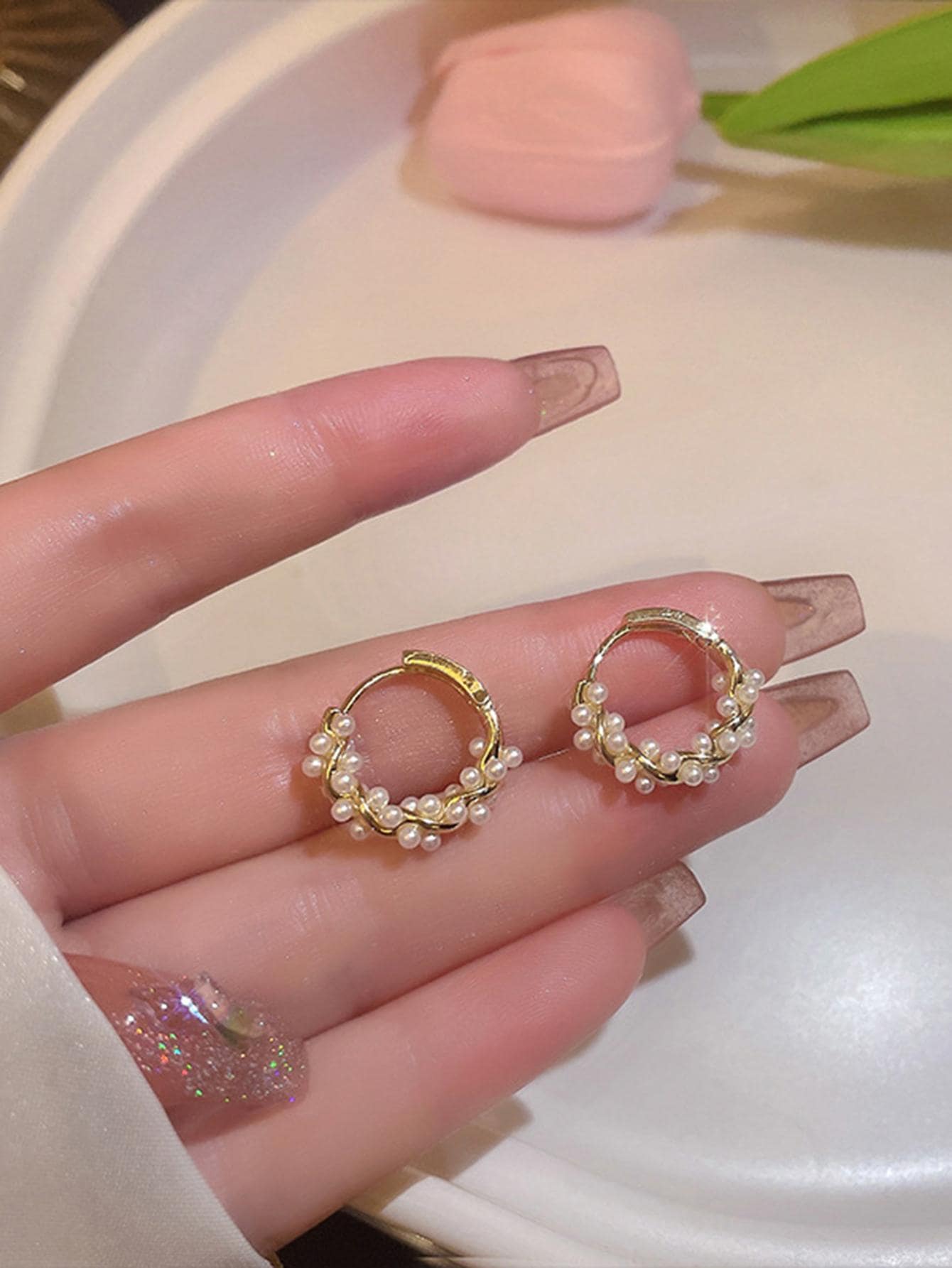 1pair Copper Alloy Luxurious Chic Circle & Pearl Earrings For Women