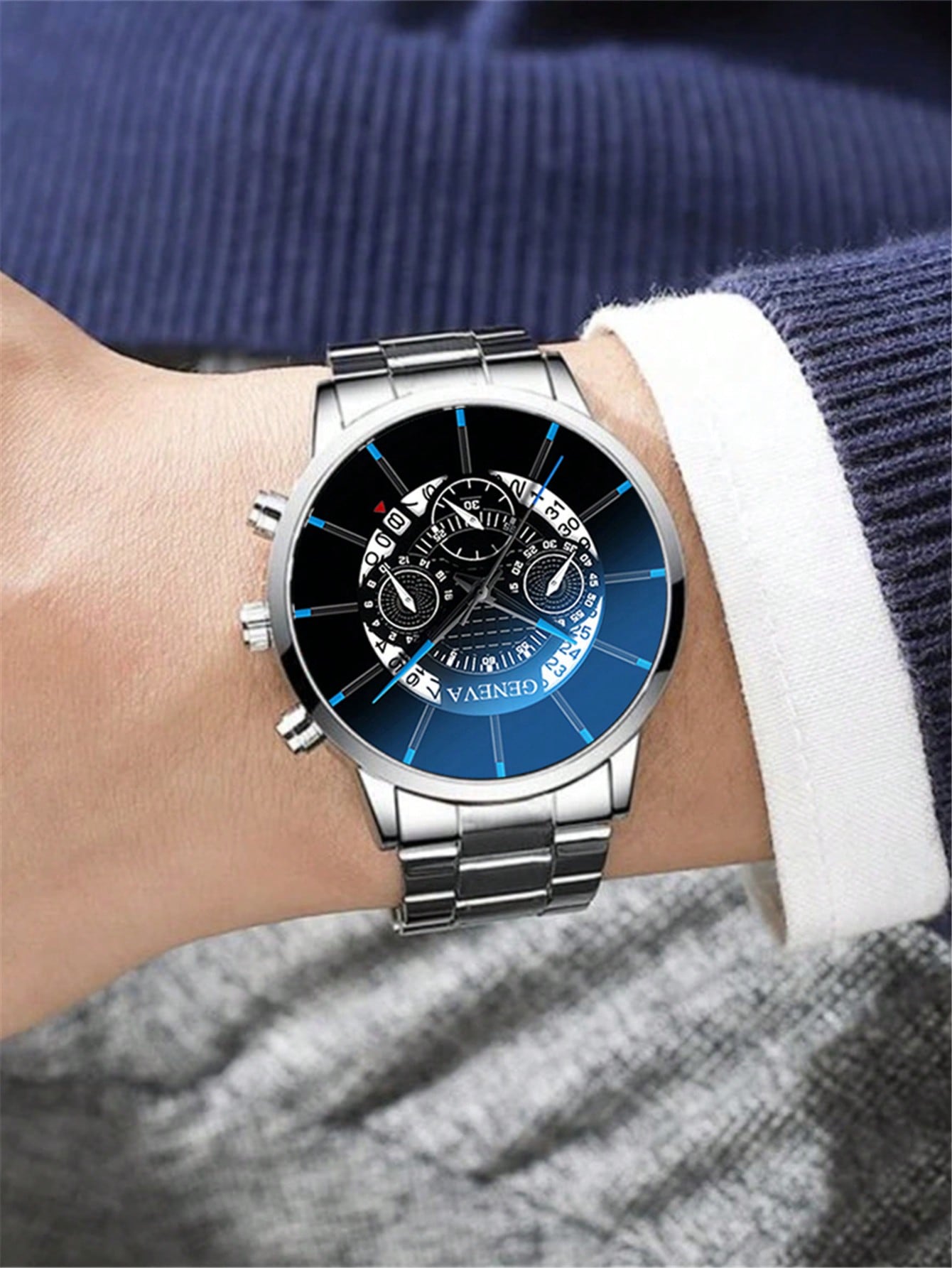 1pc Black Stainless Steel Strap Business Date Round Dial Quartz Watch & 2pcs Jewelry Set, For Daily Life