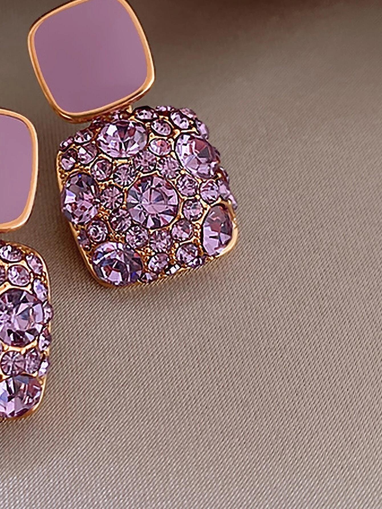 1pair Elegant Pink Vintage Cube Shaped Dangle Earrings With Full Rhinestones And Oil Drop