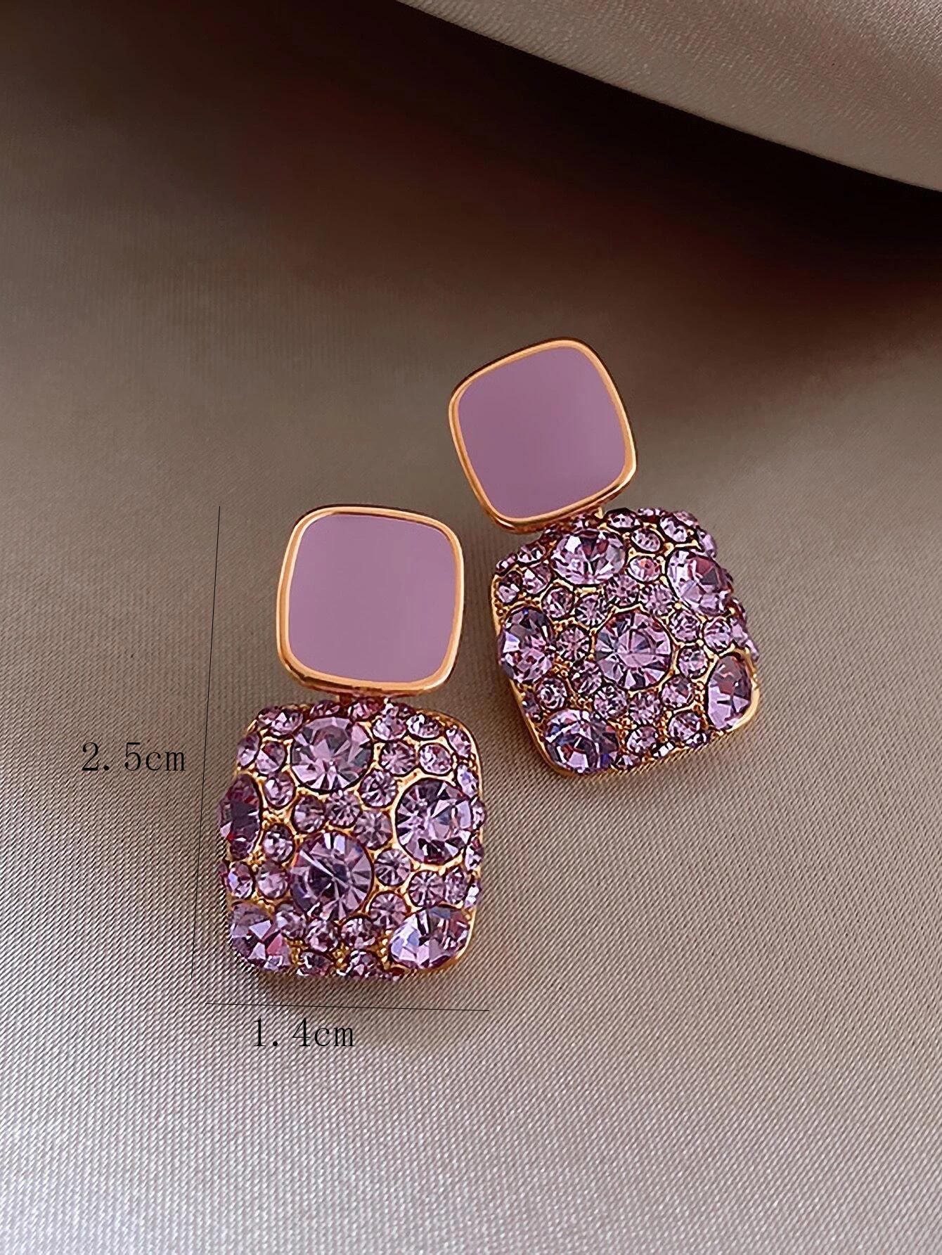 1pair Elegant Pink Vintage Cube Shaped Dangle Earrings With Full Rhinestones And Oil Drop