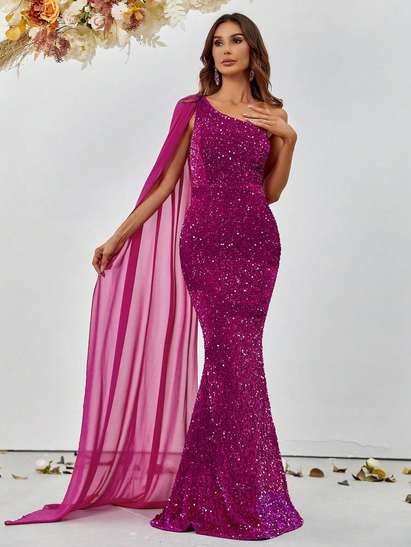 One Shoulder Contrast Mesh Cloak Sleeve Sequins Prom Dress