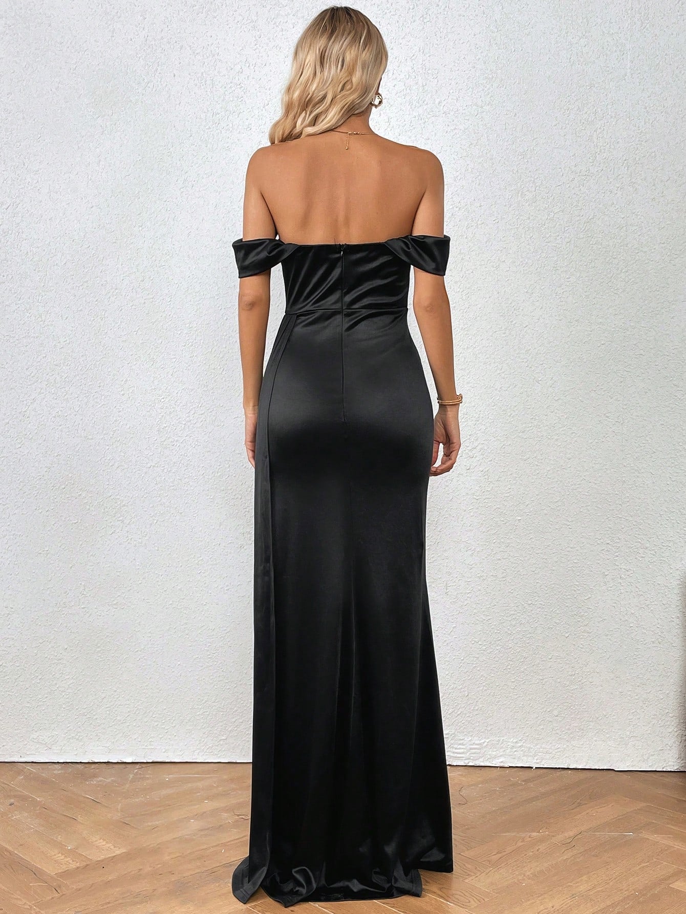 Off Shoulder Slit Thigh Draped Side Bustier Satin Bridesmaid Dress