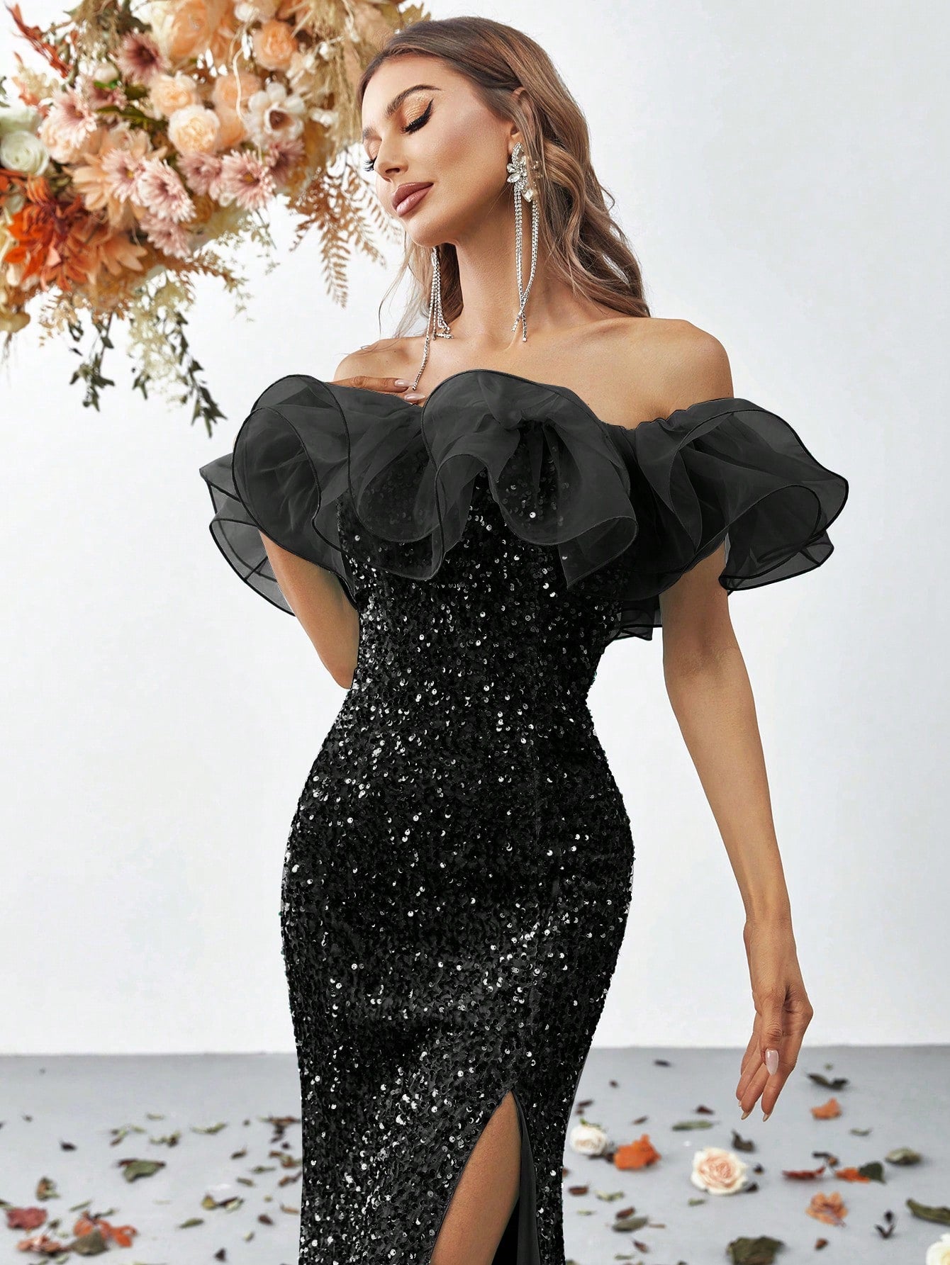 Off Shoulder Exaggerated Ruffle Trim Split Thigh Sequin Formal Dress