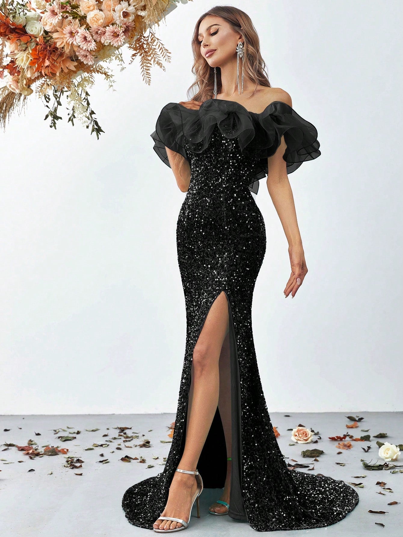 Off Shoulder Exaggerated Ruffle Trim Split Thigh Sequin Formal Dress