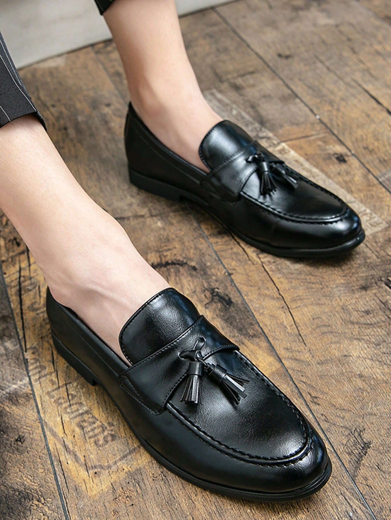 Business Black Dress Shoes For Men, Tassel Decor Slip On Dress Loafers