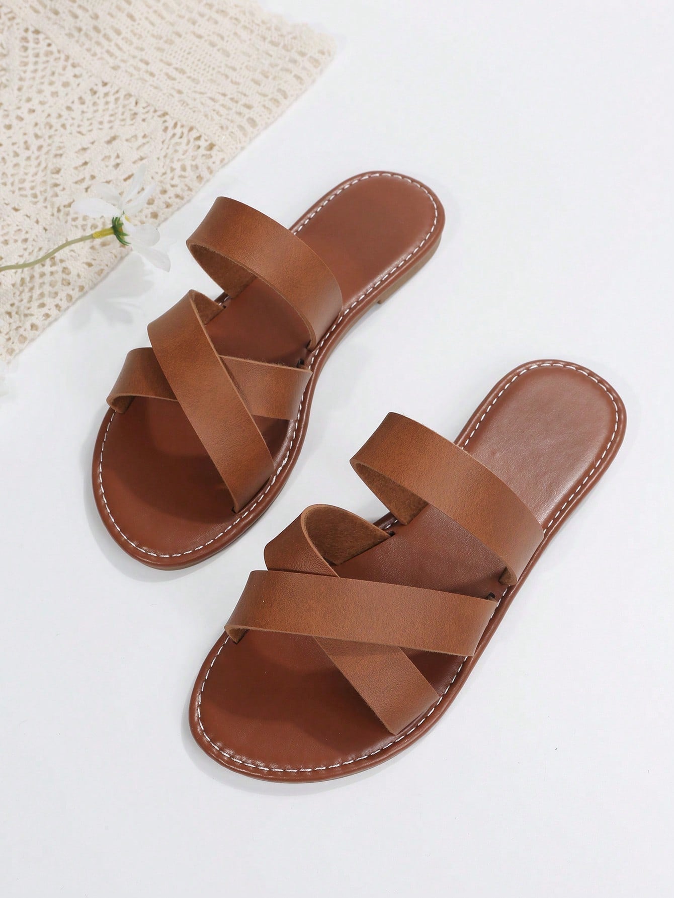 Elegant Brown Sandals For Women, Criss Cross Strap Slide Sandals