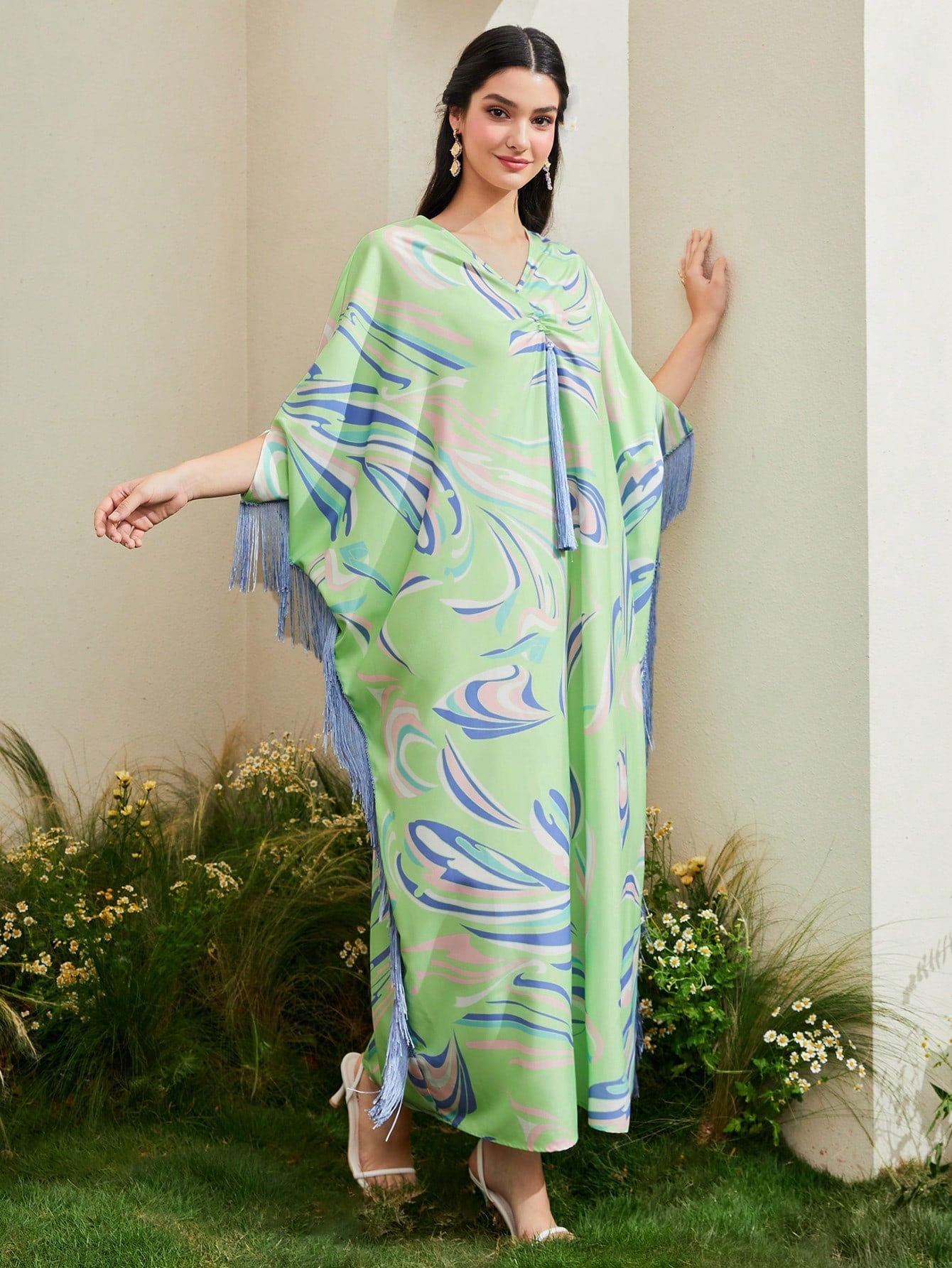 Najma Allover Print Fringe Trim Kaftan