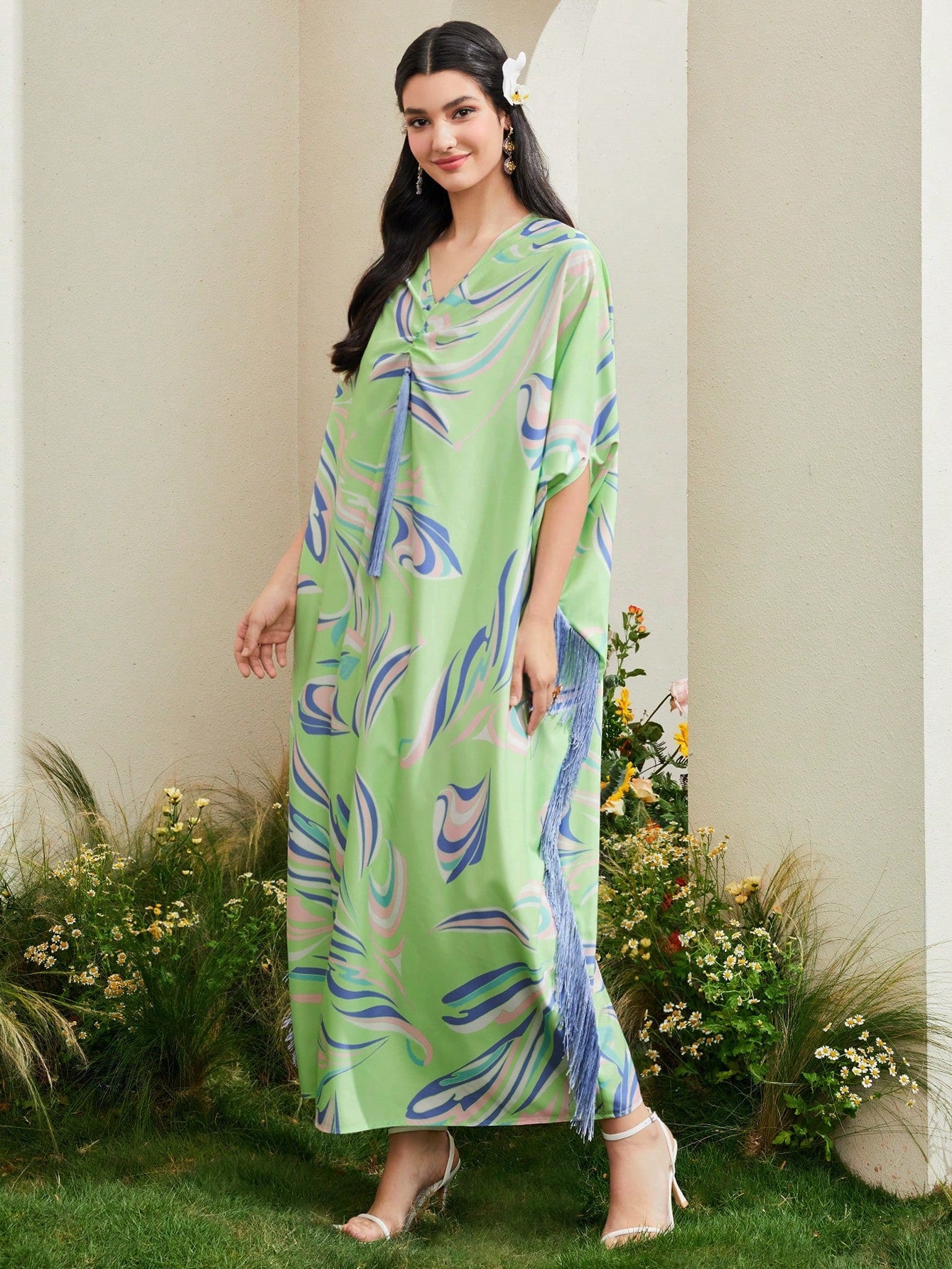 Najma Allover Print Fringe Trim Kaftan