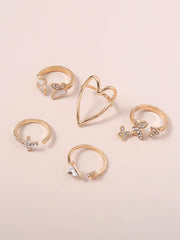 5pcs/set Random Fashion Zinc Alloy Rhinestone Butterfly & Heart Decor Ring For Women For Gift