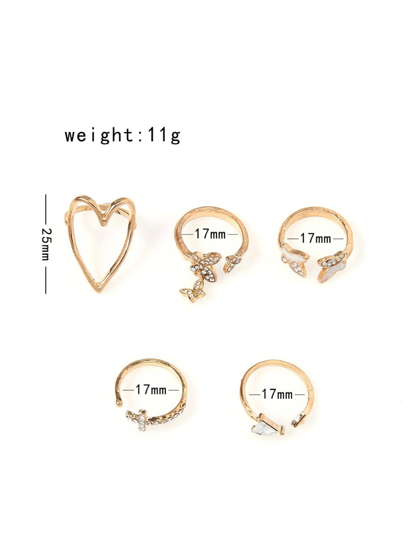 5pcs/set Random Fashion Zinc Alloy Rhinestone Butterfly & Heart Decor Ring For Women For Gift