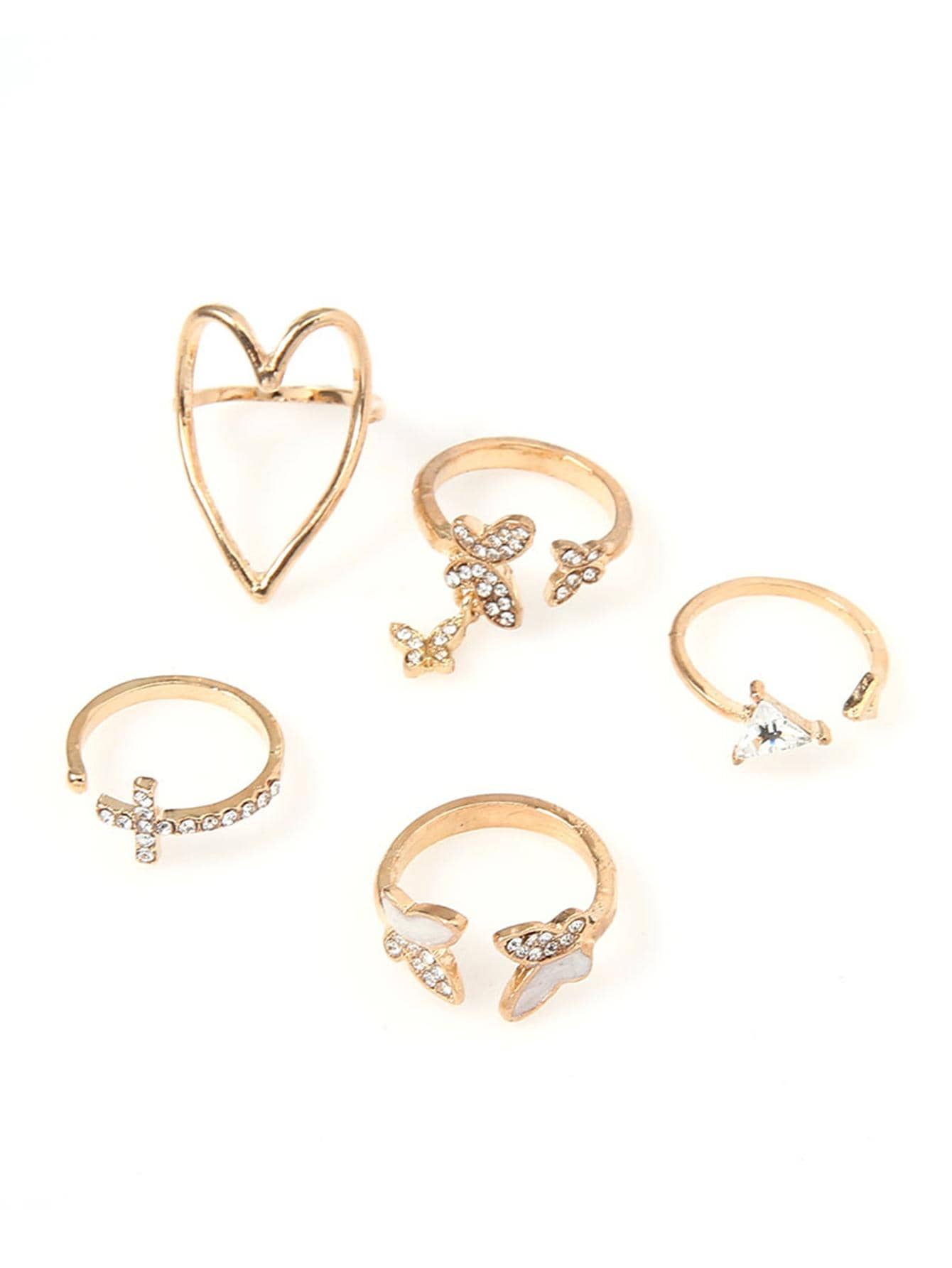 5pcs/set Random Fashion Zinc Alloy Rhinestone Butterfly & Heart Decor Ring For Women For Gift