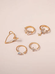 5pcs/set Random Fashion Zinc Alloy Rhinestone Butterfly & Heart Decor Ring For Women For Gift