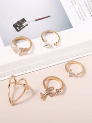 5pcs/set Random Fashion Zinc Alloy Rhinestone Butterfly & Heart Decor Ring For Women For Gift