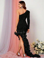 One Shoulder Ruffle Trim Asymmetrical Hem Sequin Party Dress