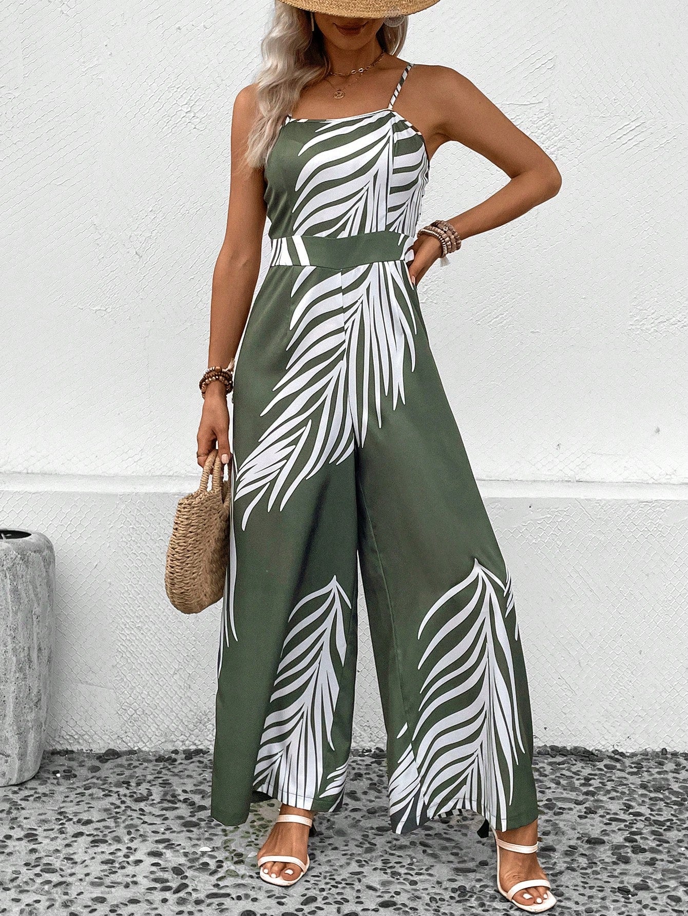 VCAY Tropical Print Cami Wide Leg Jumpsuit