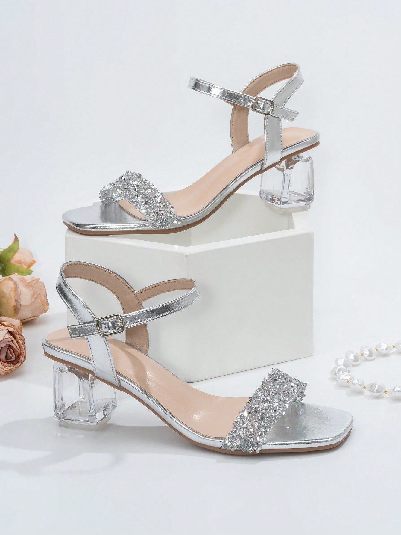 Fashionable & Elegant High Heel Sandals For Women With Crystal Heels And Rhinestone Decoration