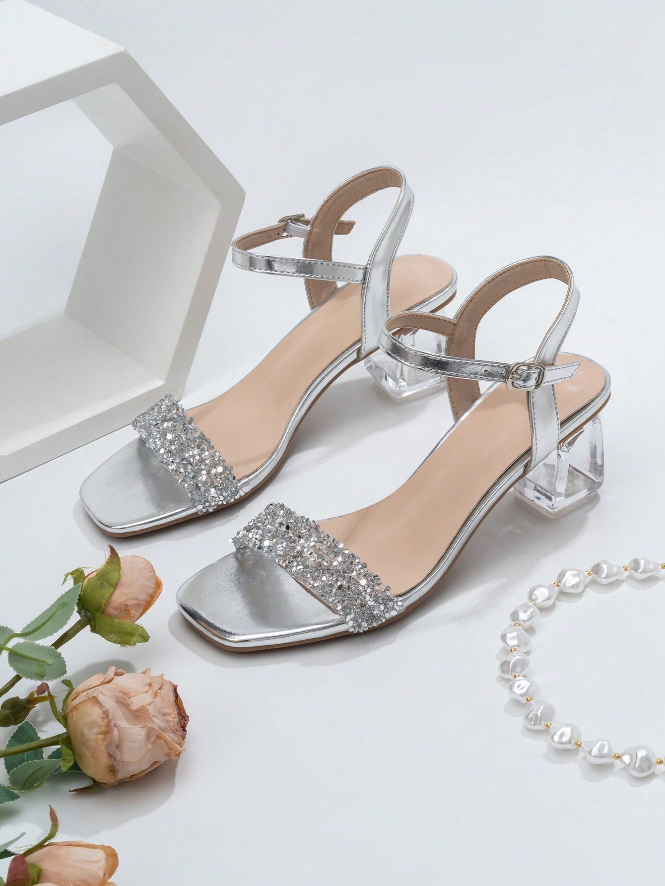 Fashionable & Elegant High Heel Sandals For Women With Crystal Heels And Rhinestone Decoration