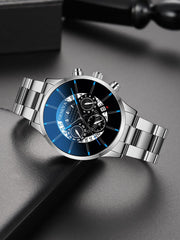 1pc Men Silver Zinc Alloy Strap Business Calendar Round Dial Quartz Watch & 1pc Bracelet, For Daily Decoration