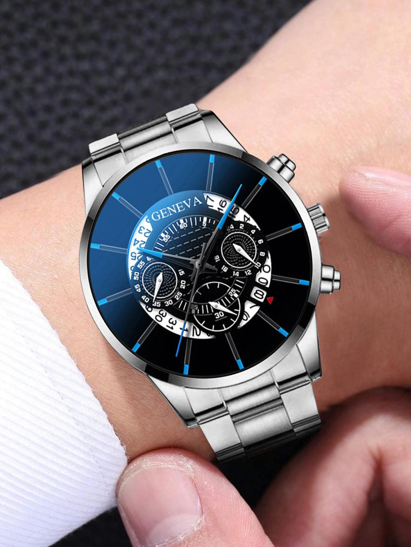 1pc Men Silver Zinc Alloy Strap Business Calendar Round Dial Quartz Watch & 1pc Bracelet, For Daily Decoration