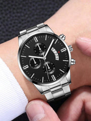 1pc Men Silver Zinc Alloy Strap Business Round Dial Quartz Watch & 1pc Bracelet, For Daily Decoration