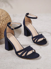 New Blue Thick High Heeled Ankle Strap Sandals For Summer, Women's Blue Colored High Heel Roman Style Sandals