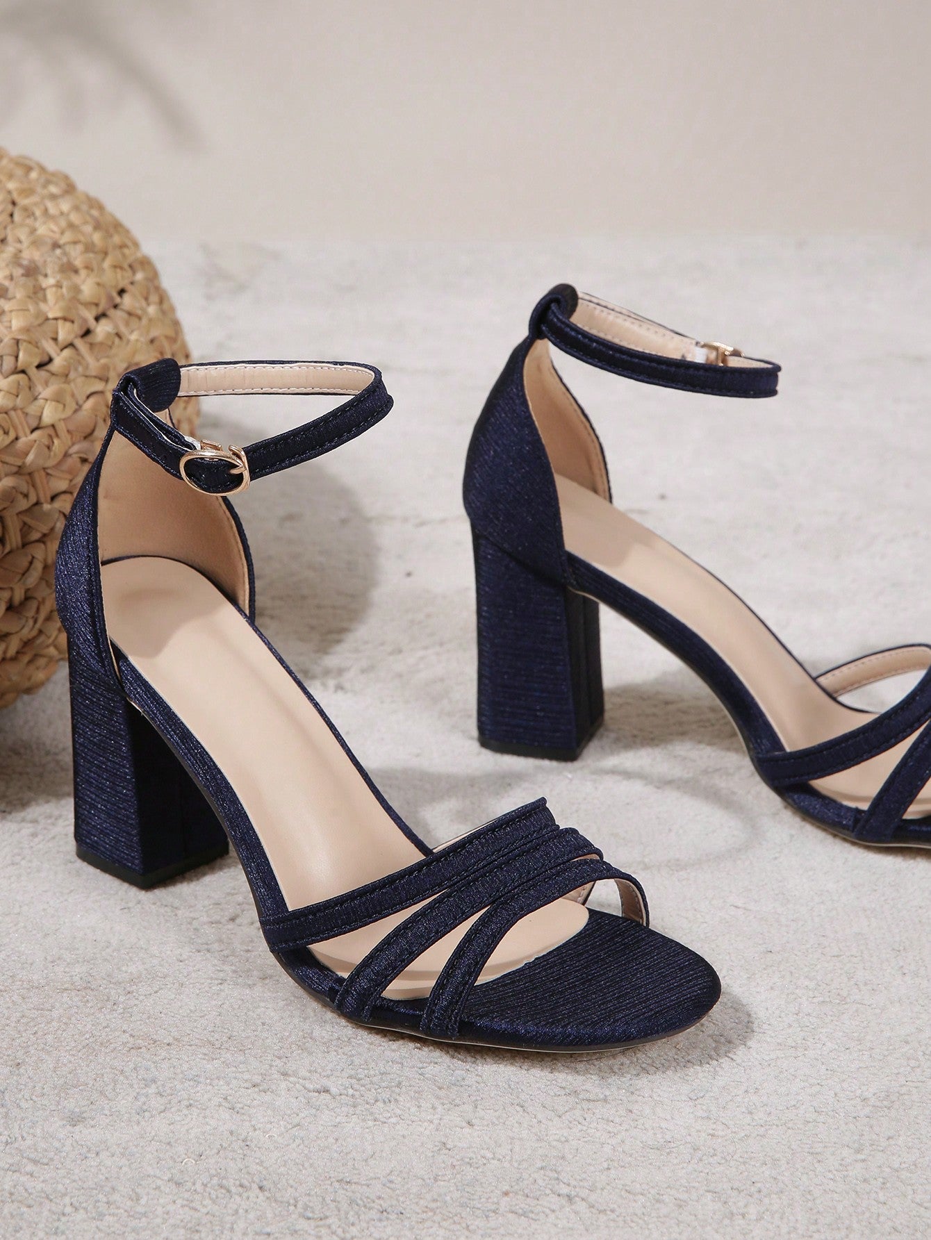 New Blue Thick High Heeled Ankle Strap Sandals For Summer, Women's Blue Colored High Heel Roman Style Sandals