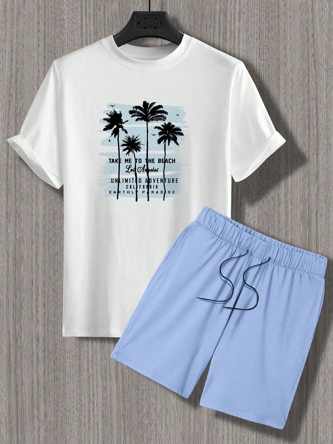 Manfinity Hypemode Men Tropical & Slogan Graphic Tee & Drawstring Waist Shorts