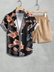 Manfinity RSRT Men Tropical Print Shirt & Drawstring Waist Shorts