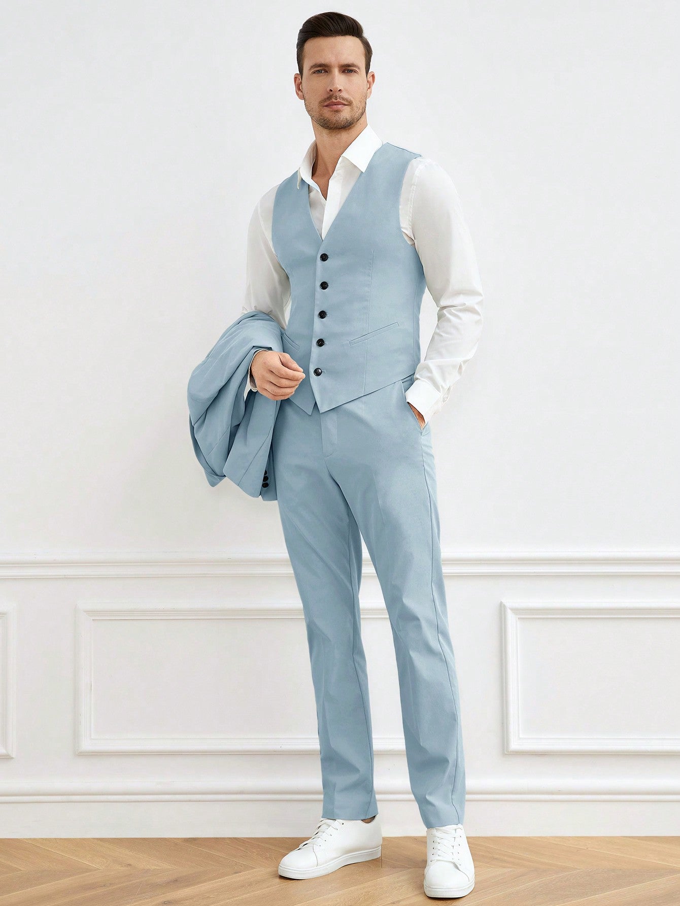 Manfinity Mode Men Solid Blazer & Vest Blazer & Pants Without Shirt