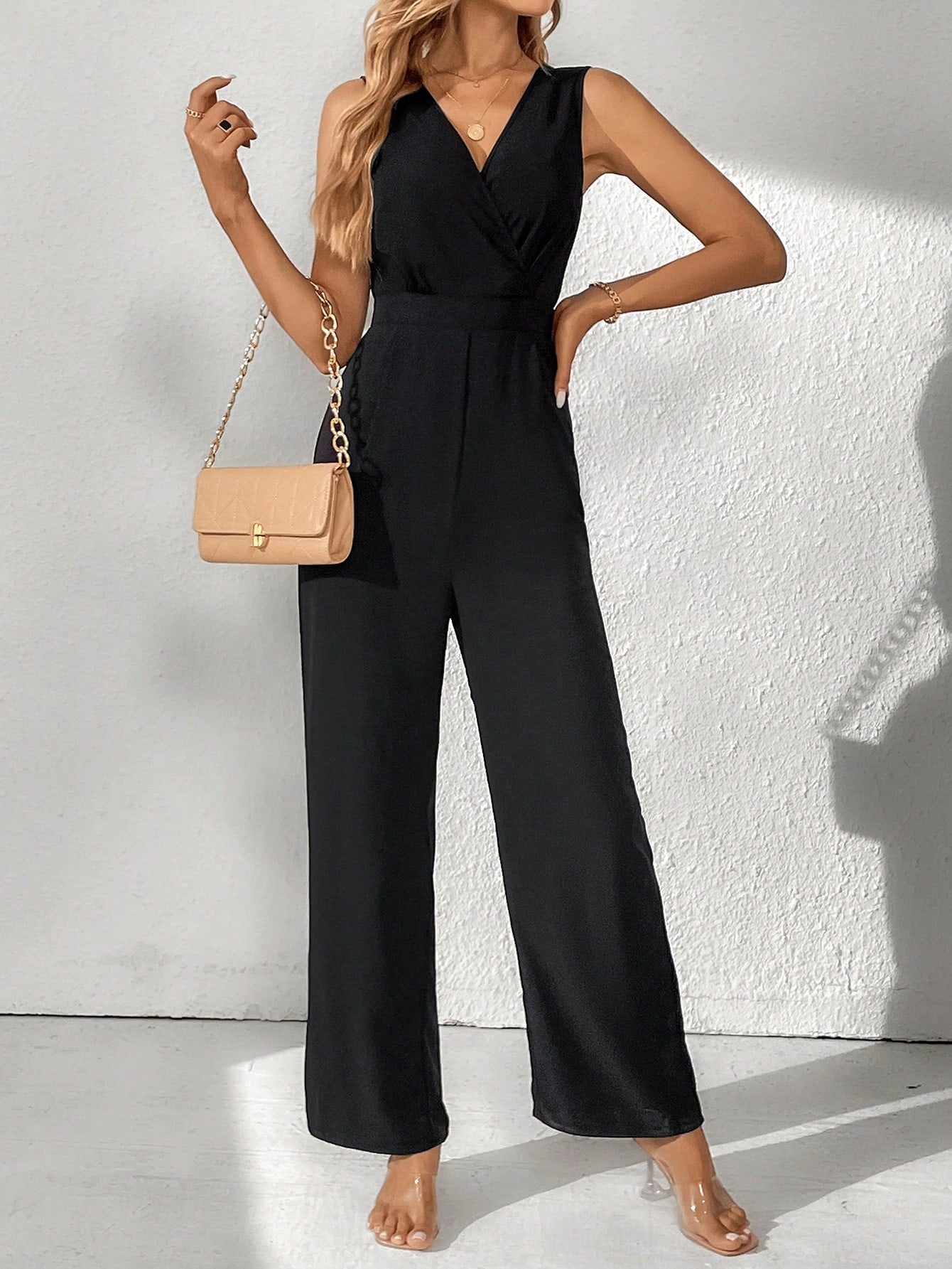 Tall Solid V Neck Sleeveless Jumpsuit