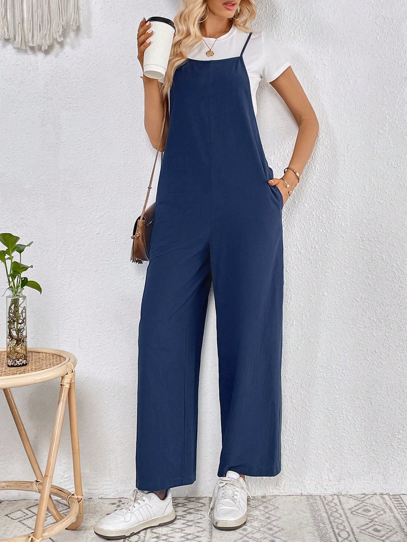 LUNE Solid Slant Pocket Cami Jumpsuit Without Tee