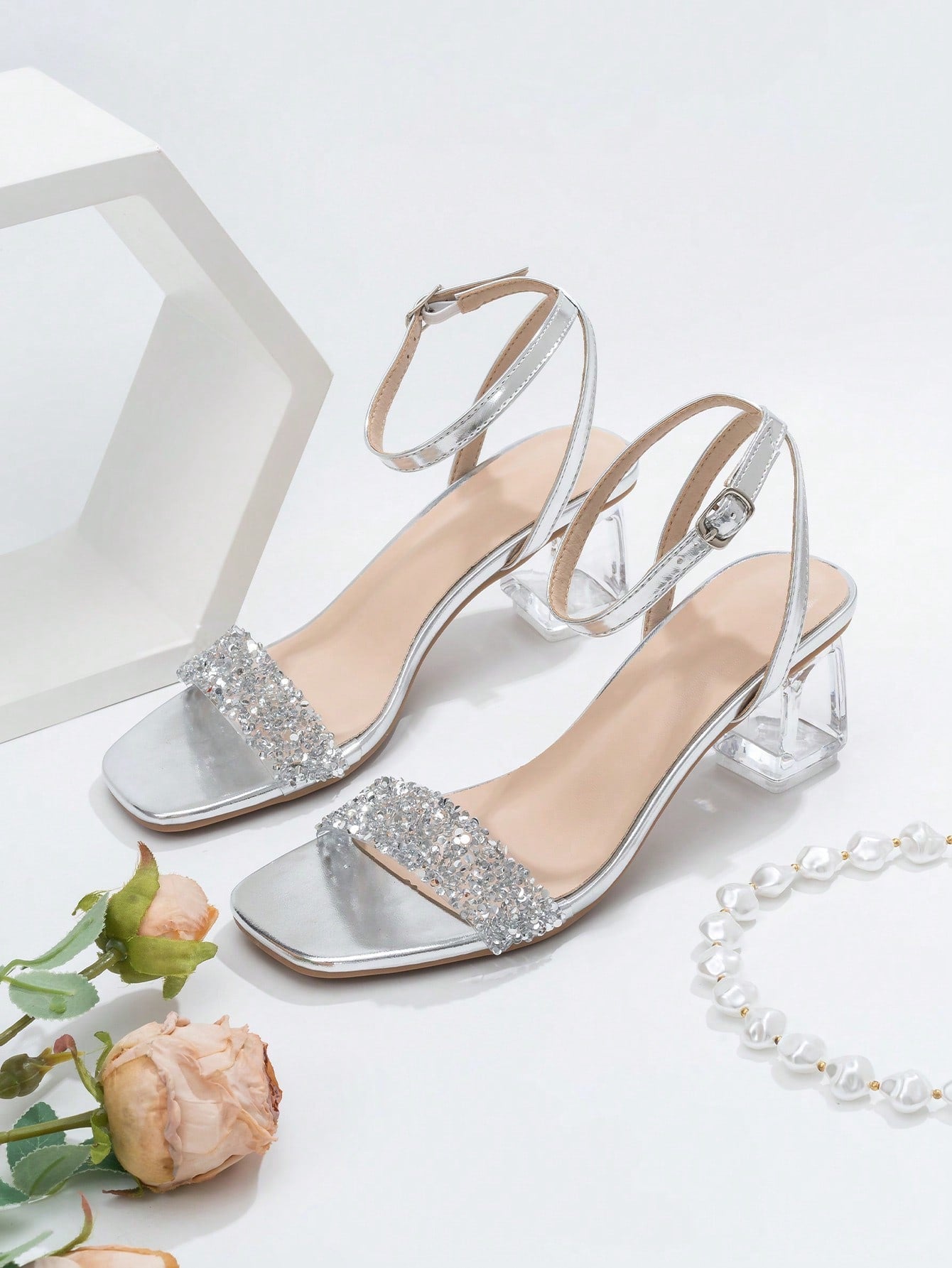 Fashionable & Elegant High Heel Sandals For Women With Crystal Heels And Rhinestone Decoration