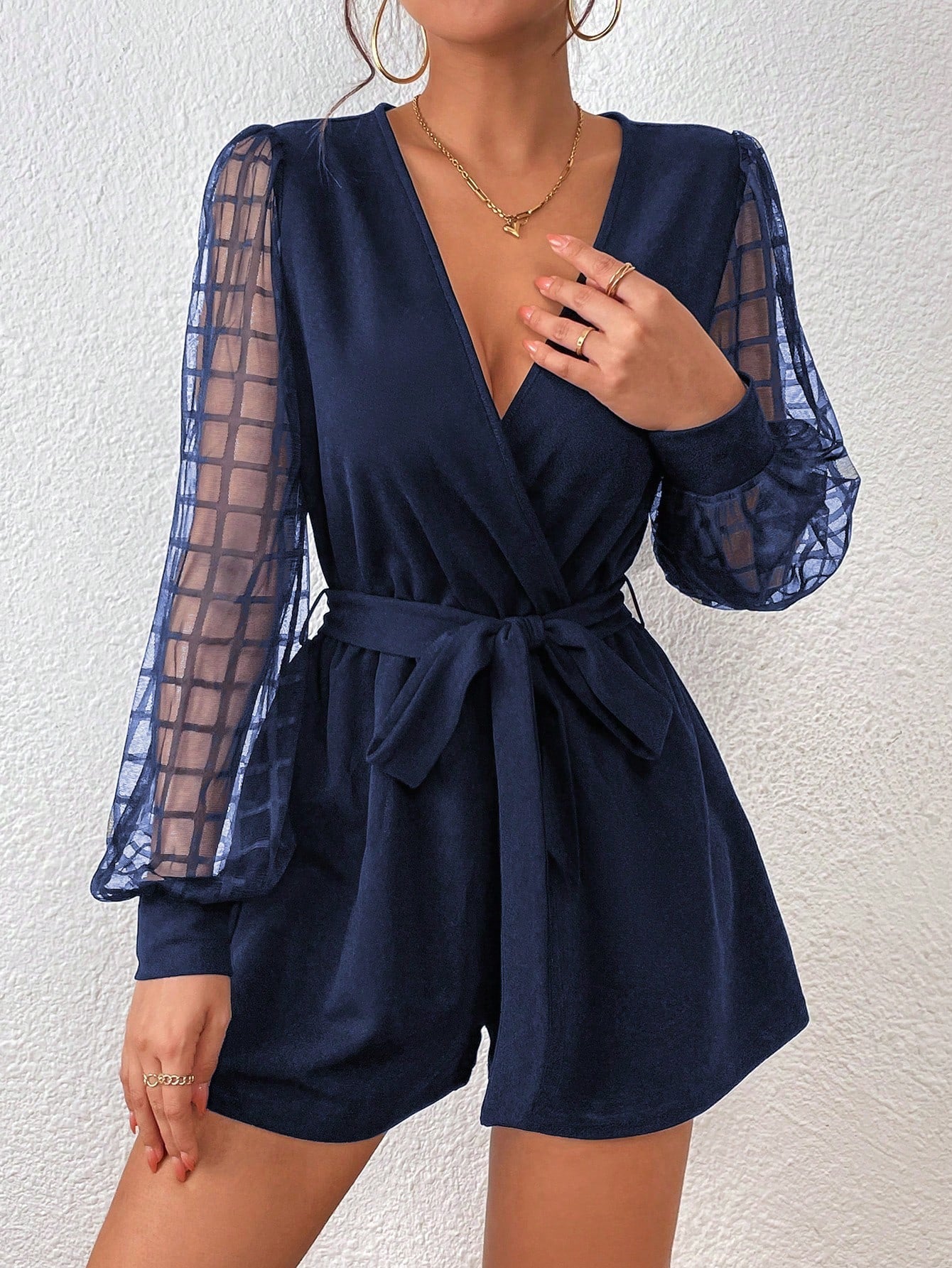 Privé Plaid Mesh Lantern Sleeve Overlap Collar Belted Romper