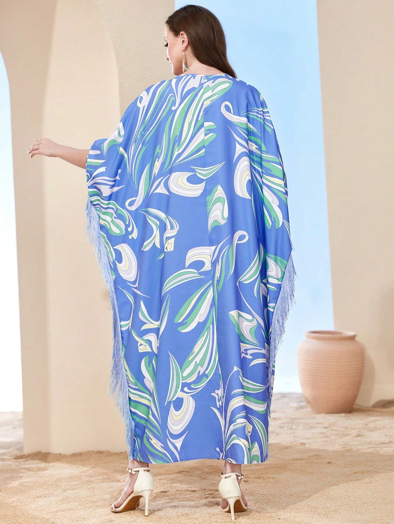 Najma Allover Print Fringe Trim Kaftan