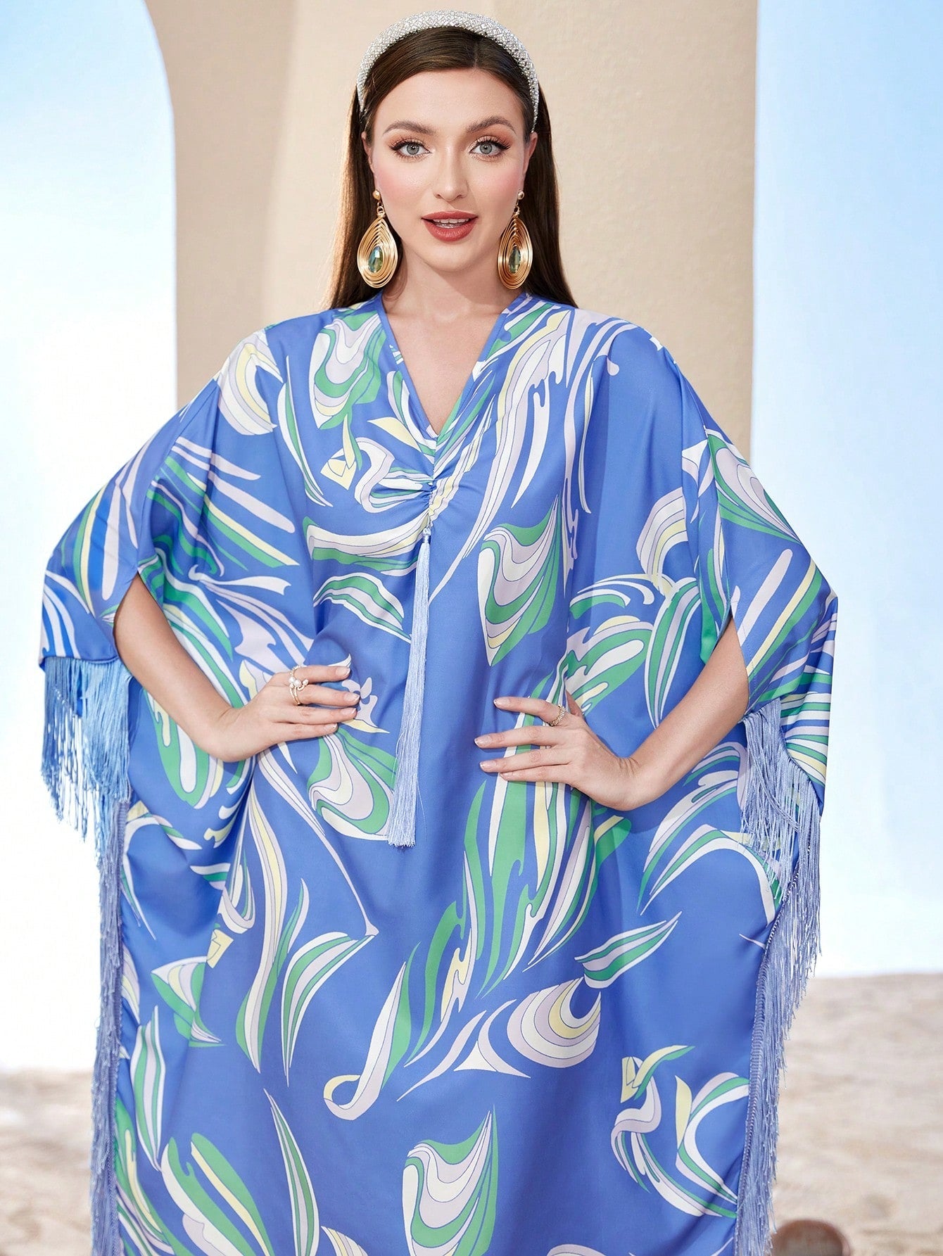 Najma Allover Print Fringe Trim Kaftan