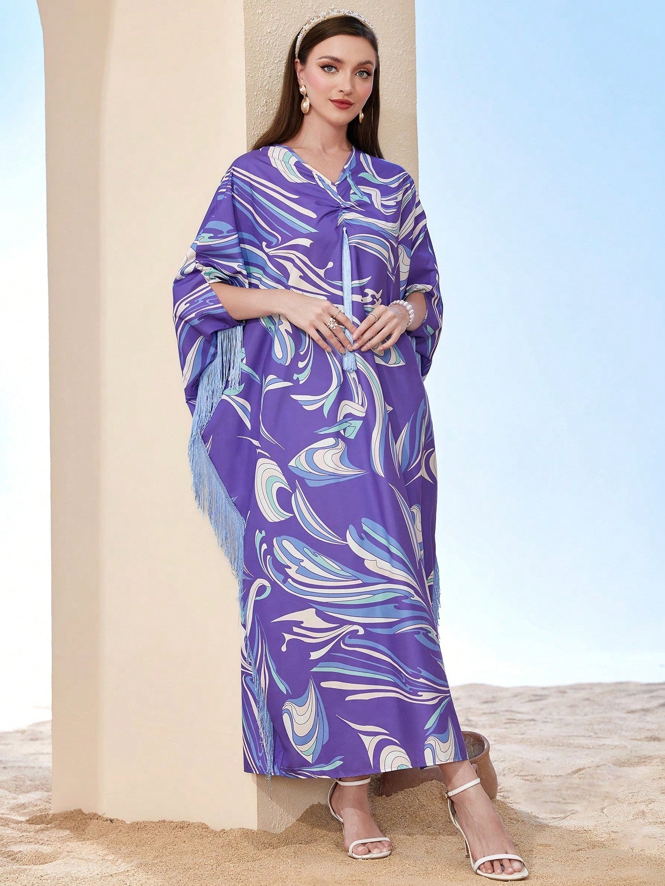 Najma Allover Print Fringe Trim Kaftan