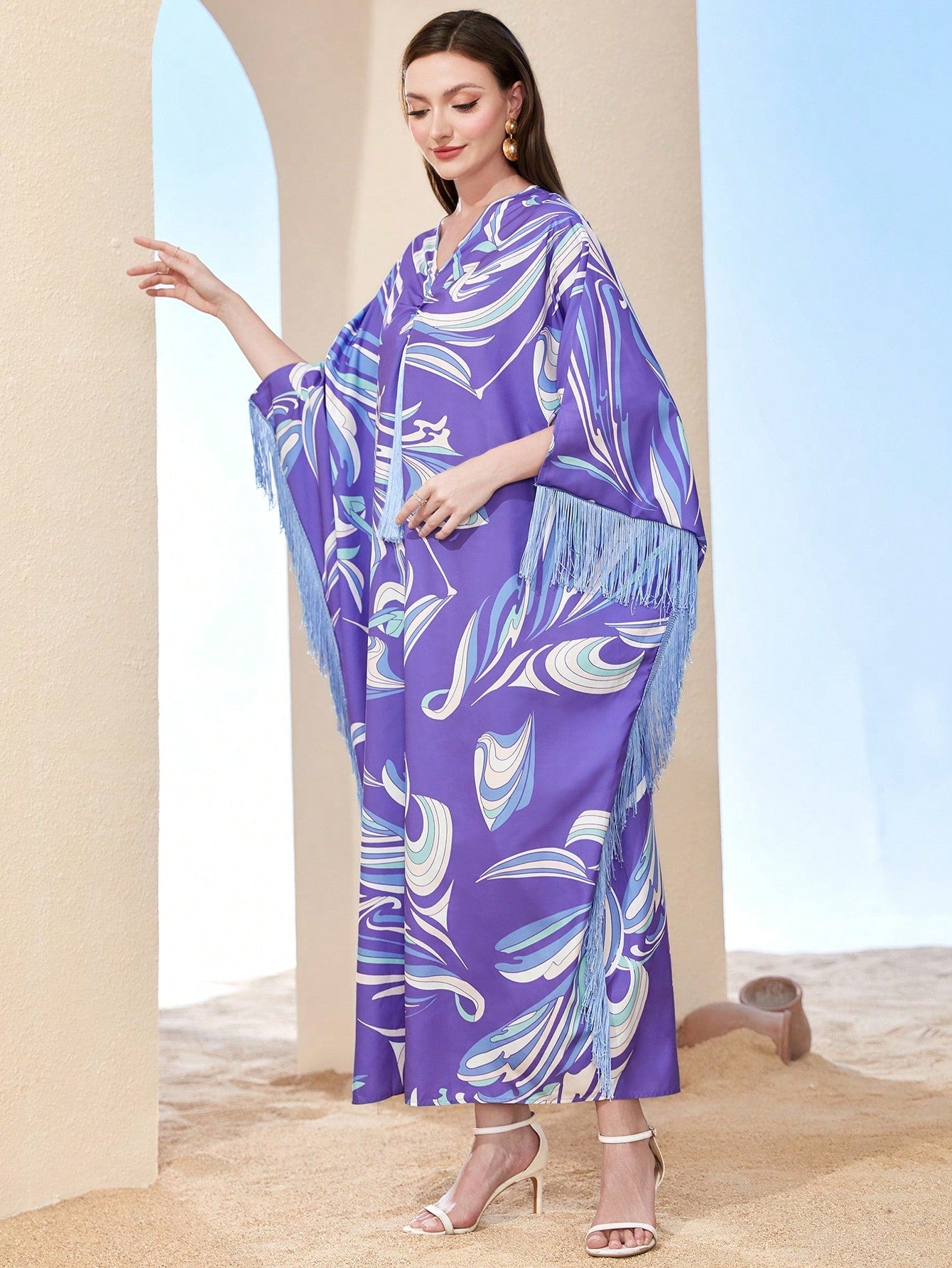 Najma Allover Print Fringe Trim Kaftan