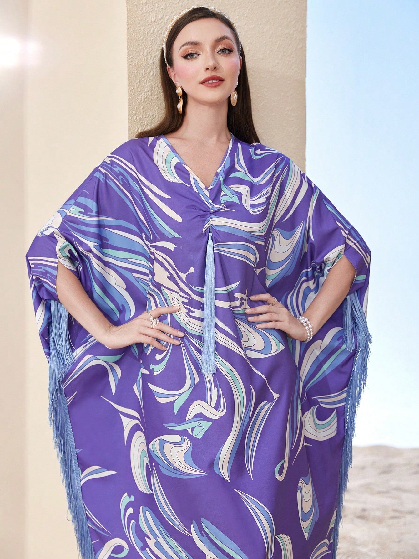 Najma Allover Print Fringe Trim Kaftan