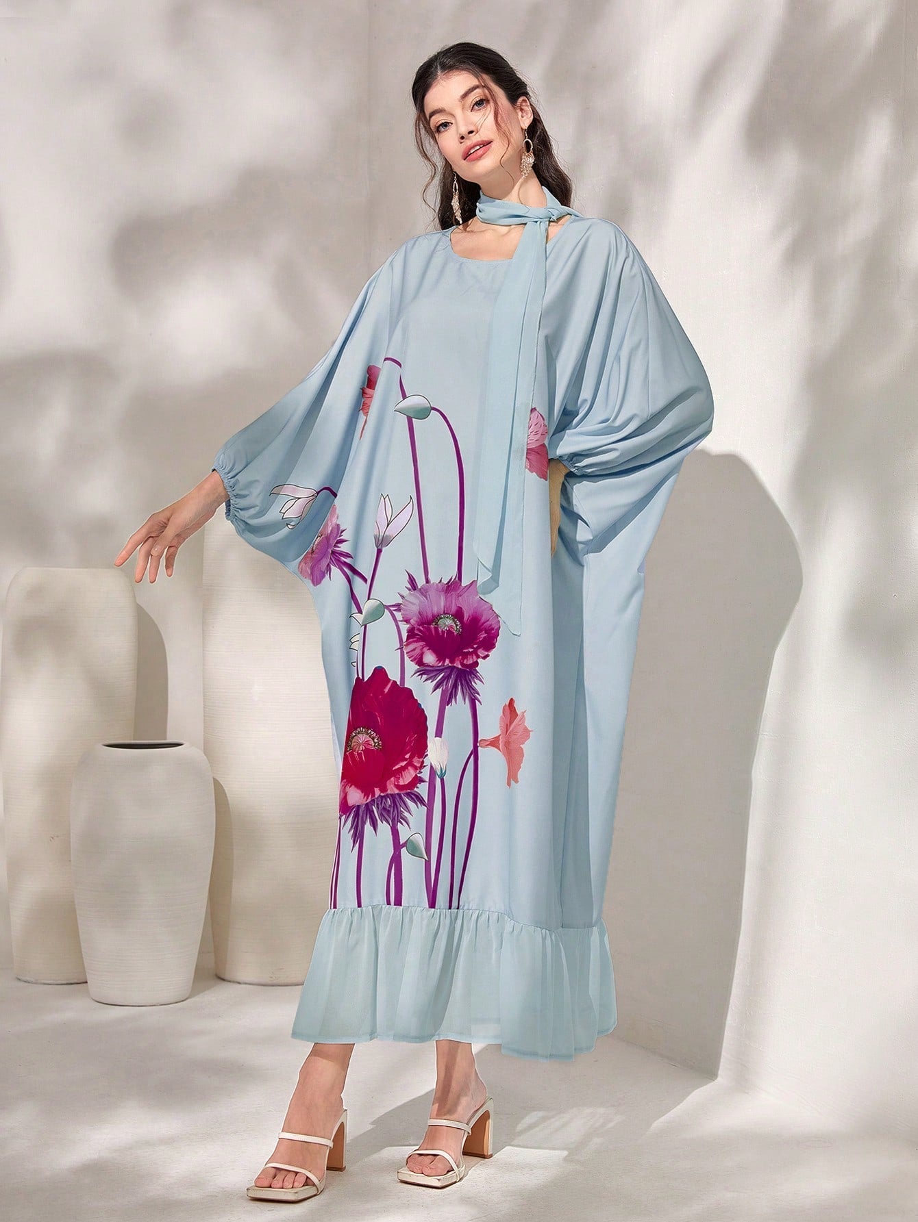 Najma Floral Print Batwing Sleeve Ruffle Hem Kaftan