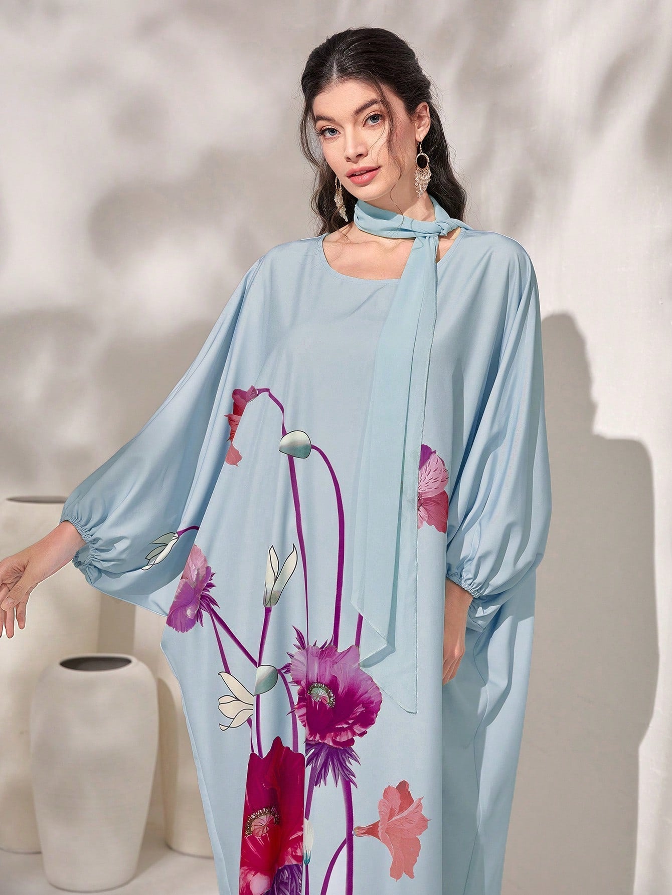 Najma Floral Print Batwing Sleeve Ruffle Hem Kaftan