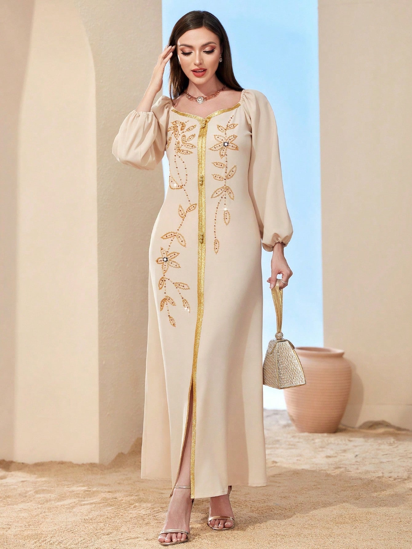 Najma Floral Embroidery Lantern Sleeve Split Hem Kaftan