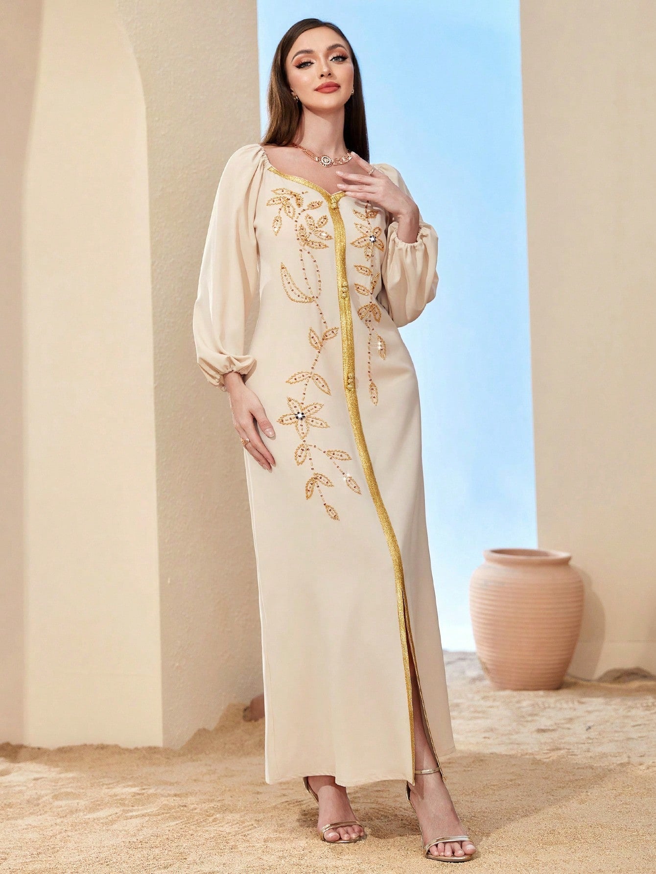 Najma Floral Embroidery Lantern Sleeve Split Hem Kaftan