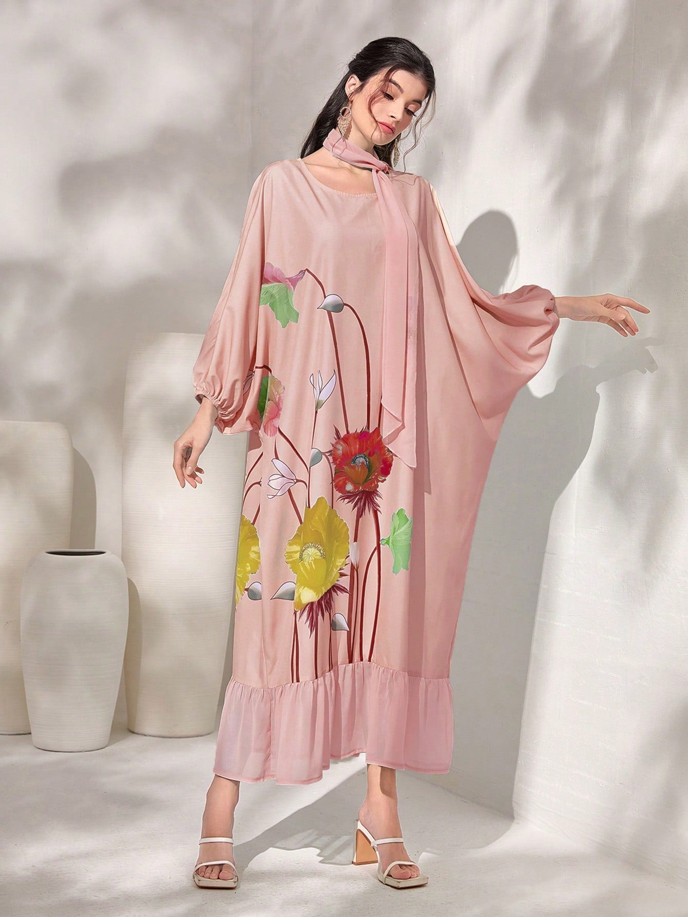 Najma Floral Print Batwing Sleeve Ruffle Hem Kaftan