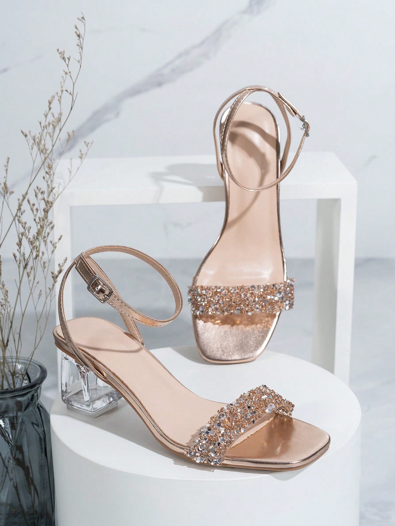 Fashionable & Elegant High Heel Sandals For Women With Crystal Heels And Rhinestone Decoration