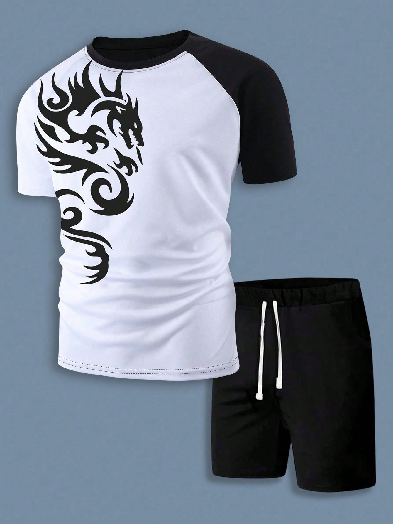 Manfinity LEGND Men Dragon Graphic Two Tone Tee & Drawstring Waist Shorts