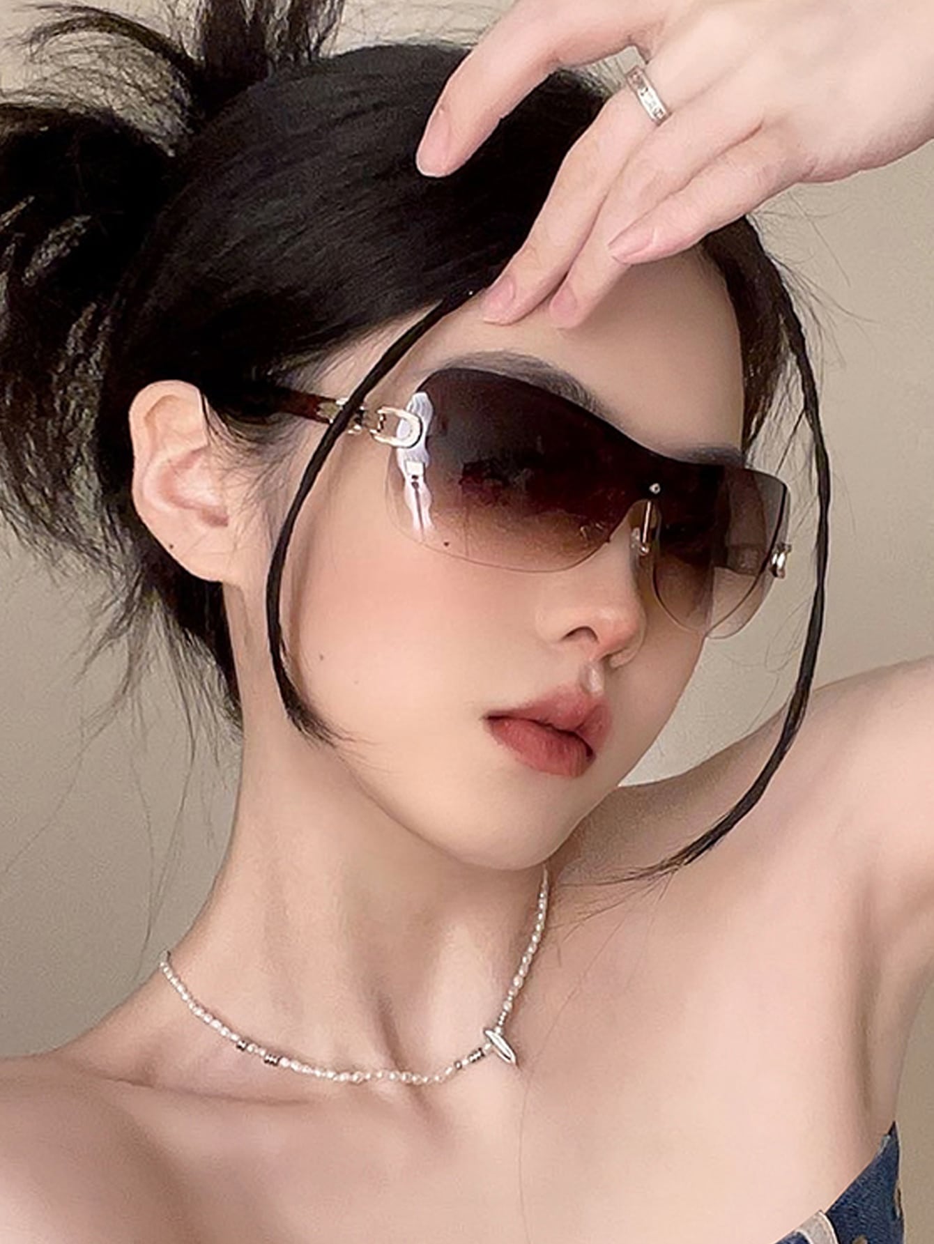 1pc Y2k Vintage Outdoor Rimless Sunglasses With Dual Circle Chain