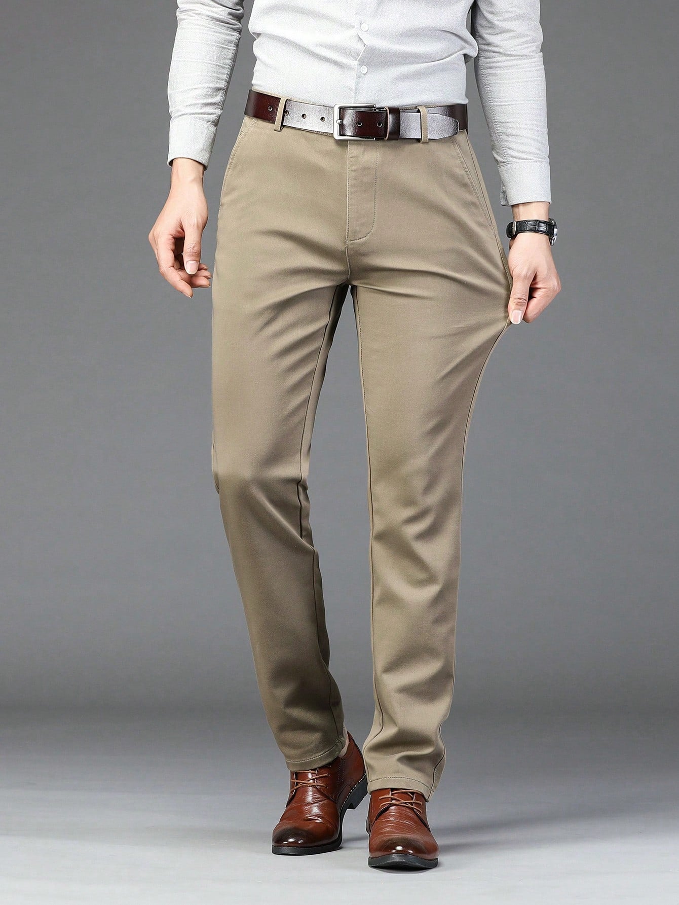 Men Solid Slant Pocket Straight Leg Suit Pants Without Belt