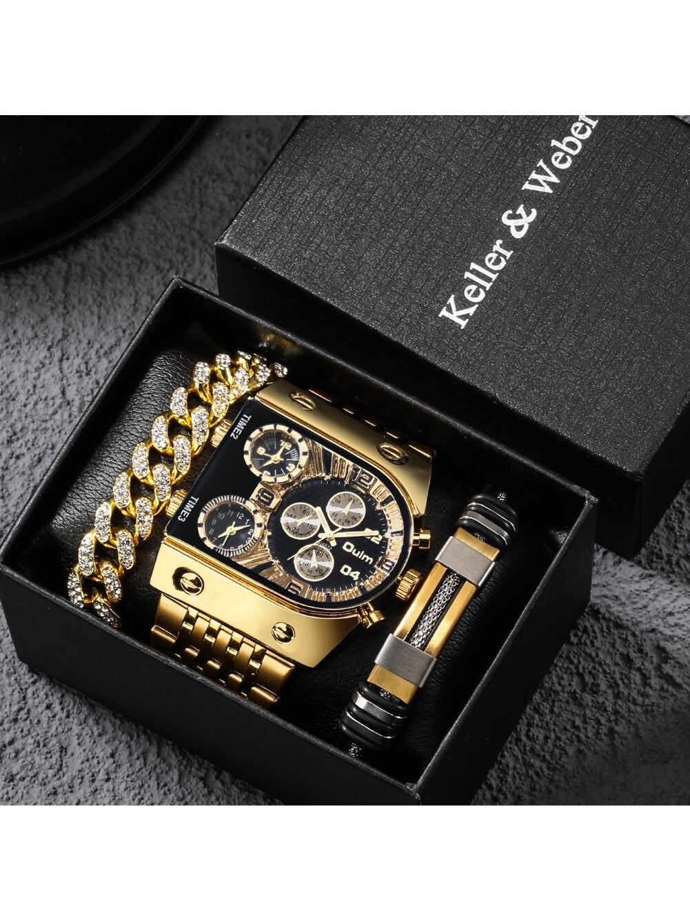 1pc Men's Large Irregular Dial Multifunctional Steel Belt Watch/bracelet Set (3 Time Zones) With Gift Box