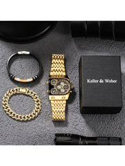 1pc Men's Large Irregular Dial Multifunctional Steel Belt Watch/bracelet Set (3 Time Zones) With Gift Box