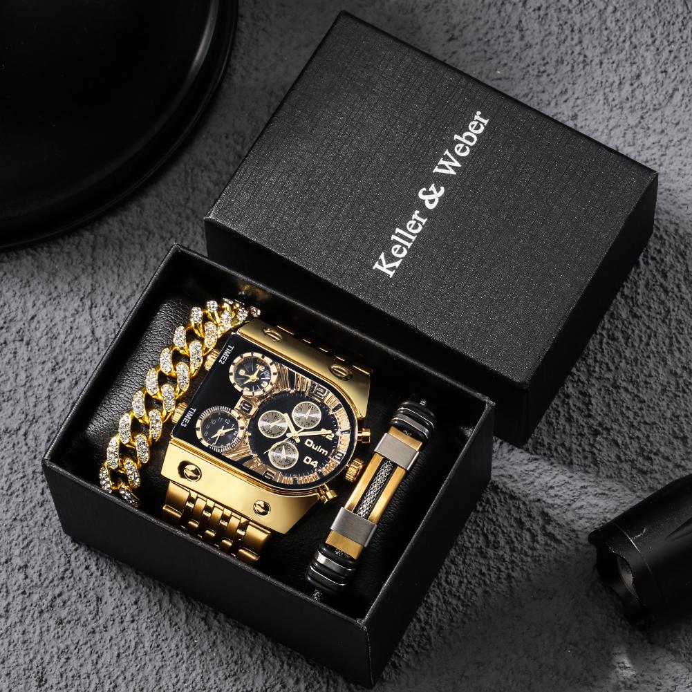 1pc Men's Large Irregular Dial Multifunctional Steel Belt Watch/bracelet Set (3 Time Zones) With Gift Box